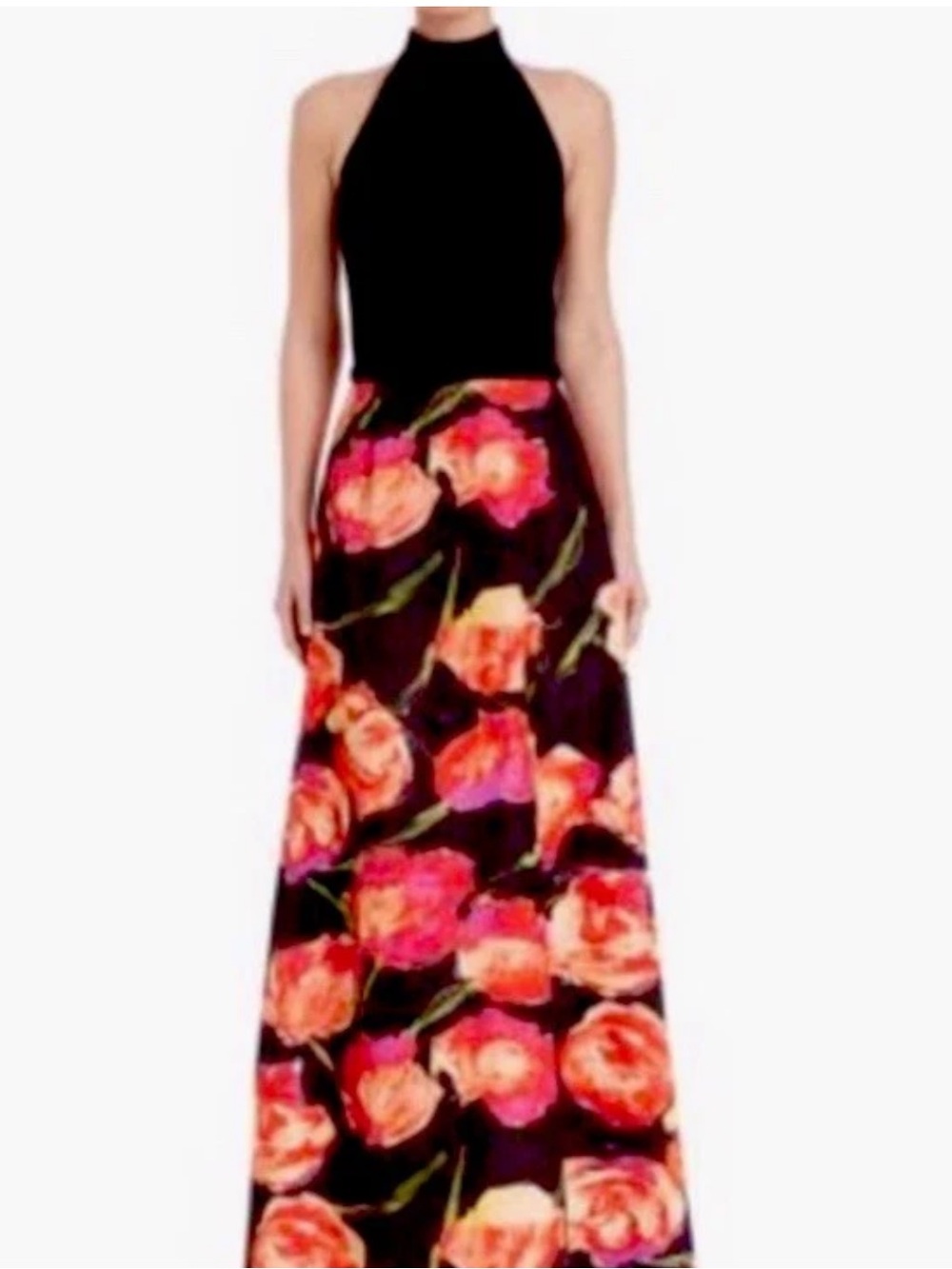 Theia Sleeveless Black Pink Floral Jacquard Cocktail Formal Maxi Dress